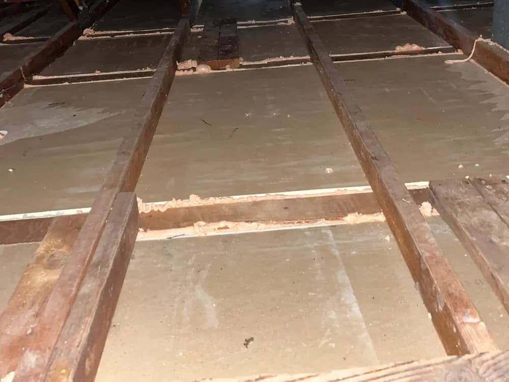 Close view of sealant run along the seams where the ceiling material meets the attic joists.