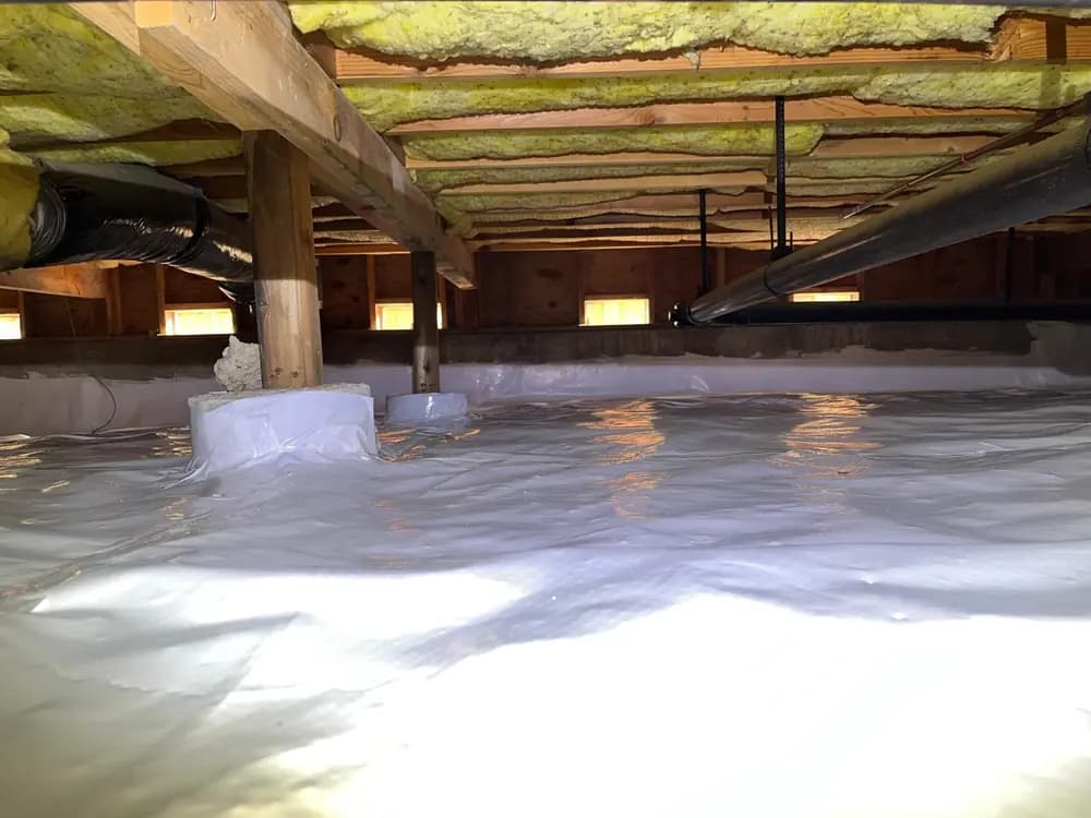 Crawl space with a vapor barrier across the ground and batt insulation fitted between the floor joists overhead.