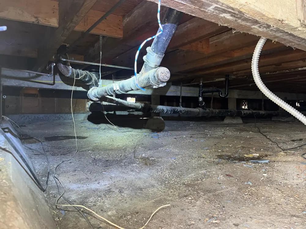 Crawl space with bare soil and exposed plumbing runs, before any ground barrier has been installed.